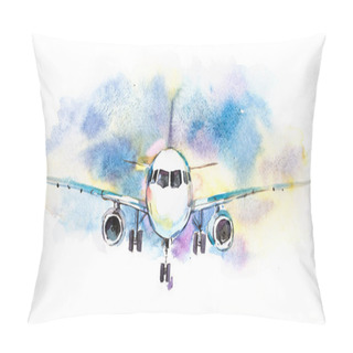 Personality  Aircraft. Airplane Flying In The Cloudy Sky. Passenger Plane Is Landing To Airport Runway Pillow Covers