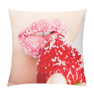 Personality  Woman's Mouth With Red Strawberry Covered With Sugar Pillow Covers