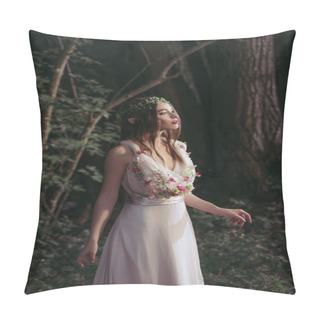 Personality  Attractive Mystic Elf In Dress With Flowers In Dark Woods Pillow Covers