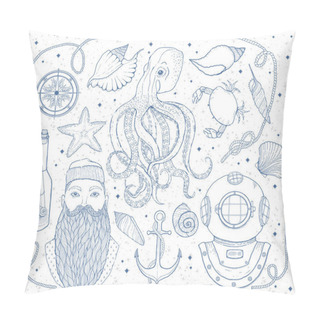 Personality  Hand Drawn Vintage Nautical Set. It Consists Of Octopus, Sailor, Bottle With A Message, Seashells, Crab, Compass, Diving Helmet, Rope And Sea Knot. Vector Illustration. Pillow Covers