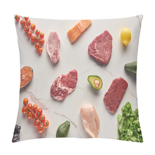 Personality  Top View Of Assorted Meat, Poultry And Fish Near Parsley, Grapes, Cherry Tomatoes, Avocados And Lemon On Gray Marble Surface Pillow Covers