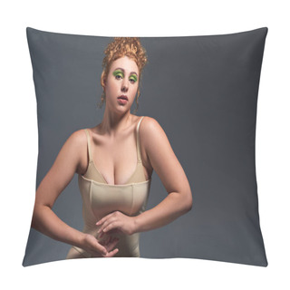Personality  Charming Plus Size Model With Red Wavy Hair Posing In Beige Underwear On Dark Grey Backdrop Pillow Covers