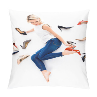 Personality  Beautiful Blonde Woman Posing With Heeled Shoes, Isolated On White Pillow Covers