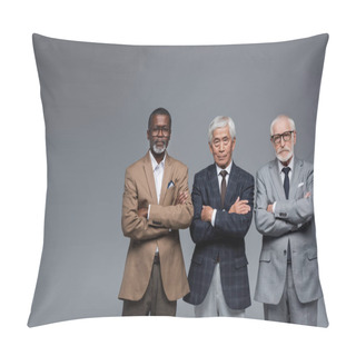 Personality  Serious And Confident Multiethnic Business Partners Standing With Crossed Arms Isolated On Grey Pillow Covers