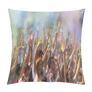 Personality  ODESSA, UKRAINE - August 5, 2017: Young People, Boys And Girls Have Fun During Holi Holiday, Throwing Colorful Powder Into Each Other. Festival Of Colored Paint. Festival Of Colors Love. Color Fest Pillow Covers