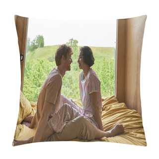 Personality  Joyful Multiethnic Couple Looking At Each Other And Sitting On Bed In Country House With Forest View Pillow Covers