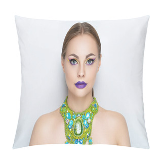 Personality  New Creative Make-up, Conceptual Art Idea. Eyeshadows, Vivid Colors Graphic Shapes Lines, Cosmetics Paints, Necklace Jewellery. Close-up Photo. Skin Painting Artistic. Perfect Straight Lines On Eyes Pillow Covers