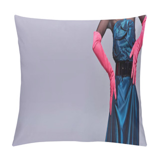 Personality  Cropped View Of Trendy Young Woman In Cocktail Dress And Pink Gloves Touching Hip And Posing Isolated On Grey, Modern Generation Z Fashion Concept, Details, Belt, Feminine, Banner  Pillow Covers