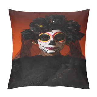 Personality  Woman In Traditional Santa Muerte Makeup And Black Wreath With Veil Looking At Camera On Orange Background Pillow Covers