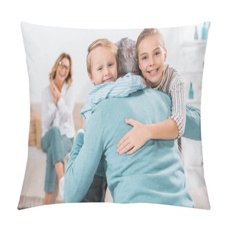 Personality  Selective Focus Of Smiling Kids Looking At Camera And Hugging Grandfather At Home Pillow Covers