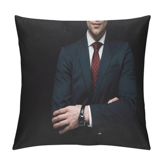 Personality  Partial View Of Businessman Standing With Crossed Arms Isolated On Black Pillow Covers