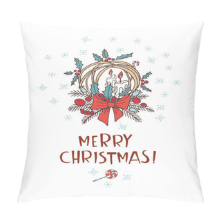 Personality  Merry Christmas Doodle Greeting Card Background. Socks, Bells, Snowflakes, Decoration And Presents. Pillow Covers