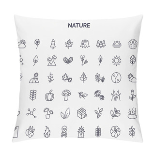 Personality Set Of Nature Web Icons In Outline Style. Thin Line Icons Such As Rainbow Behind A Cloud, Gooseberry Leaf, Chemical Structure, Cypress Leaf, Willow Leaf, Element, Tree Leave, Black Willow, Death, Pillow Covers