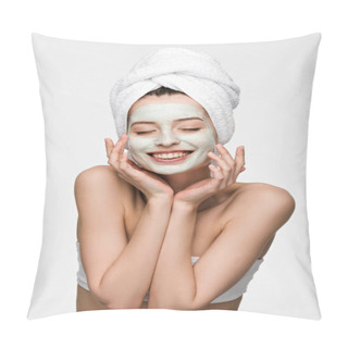 Personality  Cheerful Girl With Nourishing Facial Mask And Towel On Head Touching Face With Closed Eyes Isolated On White Pillow Covers