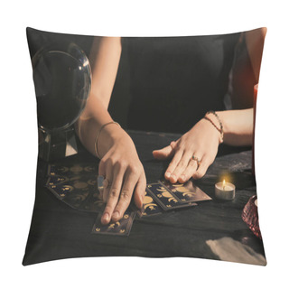 Personality  Soothsayer Predicting Future With Tarot Cards At Table In Darkness, Closeup Pillow Covers