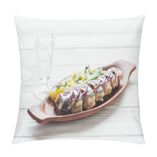 Personality  Marinated Herring, Potatoes And Onions In Earthenware Plate With Glass Of Vodka On White Wooden Background Pillow Covers
