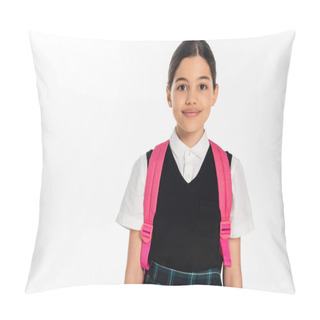 Personality  Happy Schoolgirl With Pink Backpack And Black Vest Looking At Camera Isolated On White, Student Pillow Covers