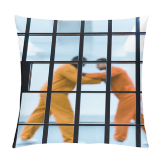 Personality  Side View Of Multiethnic Prisoners Threatening Each Other Behind Prison Bars Pillow Covers