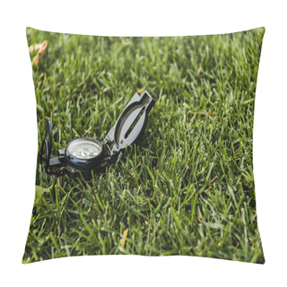 Personality  Selective Focus Of Retro Compass On Green Grass  Pillow Covers