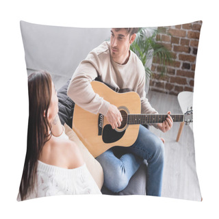 Personality  Young Man Playing Acoustic Guitar And Looking At Girlfriend On Blurred Foreground  Pillow Covers
