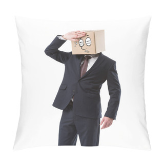 Personality  Tired Businessman With Cardboard Box On Head Wiping Sweat Isolated On White Pillow Covers