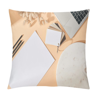 Personality  Top View Of Sheet Of Paper, Pens, Marble Board, Colors Samples, Lagurus Spikelets And Laptop On Beige Background Pillow Covers