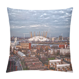 Personality  LONDON, UK - MARCH 05, 2014: View On O2 Dome, Millennium Dome, Main Arena For Pop Performances And Show Events. Residential Site Of Local Docks In Front Pillow Covers