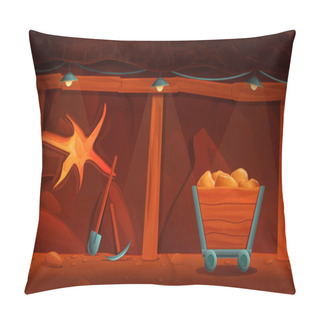 Personality  Interior Of An Old Cartoon Mine With Gold And Mining Tools, Vector Illustration Pillow Covers