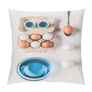 Personality  Top View Of Glass With Blue Paint And Different Chicken Eggs On White Surface, Easter Concept Pillow Covers
