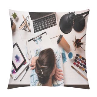 Personality  Office Desk With Tired Cropped Female Artist, Laptop And Art Supplies, Flat Lay Pillow Covers