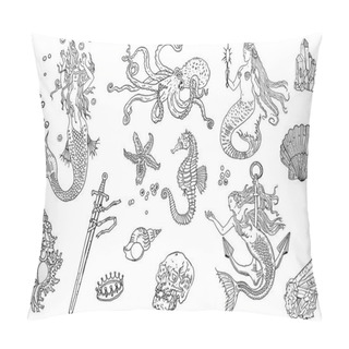 Personality Vintage Fantasy Nautical Set: Long Haired Mermaid, Underwater Treasures, Octopus, Shell, Starfish, Anchor, Drowned Sword, Crown, Skull, Crystal, Sea Horse. Hand Drawn Tattoo Style Vector Illustration. Pillow Covers