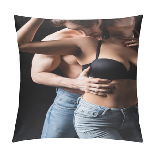 Personality  Passionate Shirtless Man Touching Young Girlfriend In Bra Isolated On Black  Pillow Covers