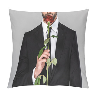 Personality  Cropped View Of Elegant Handsome Businessman In Black Suit Smelling Red Rose Isolated On Grey Pillow Covers