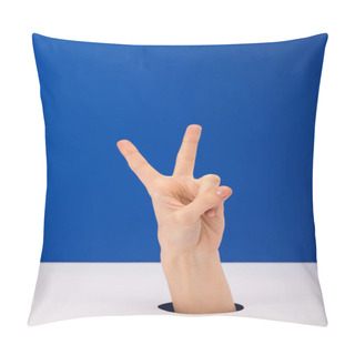 Personality  Cropped View Of Woman Showing Peace Sign Isolated On Blue Pillow Covers