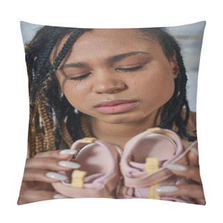 Personality  Sad African American Woman Holding Baby Clothes And Crying At Home, Miscarriage Concept, Close Up Pillow Covers