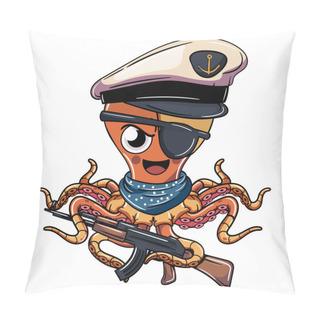 Personality  Cartoon Sailor Cyborg Octopus Character Wearing Navy Cap With A Shotgun. Illustration For Fantasy, Science Fiction And Adventure Comics Pillow Covers