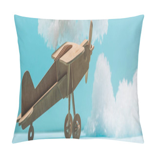 Personality  Wooden Toy Plane Among White Fluffy Clouds Made Of Cotton Wool Isolated On Blue, Panoramic Shot Pillow Covers