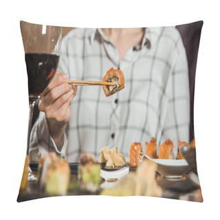 Personality  Partial View Of Woman Eating Sushi Roll With Chopsticks In Restaurant Pillow Covers