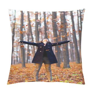 Personality  Young Woman Playing With Dried Leaves In The Woods Pillow Covers