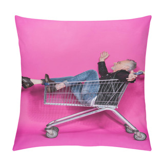 Personality  Senior Man In Shopping Trolley  Pillow Covers