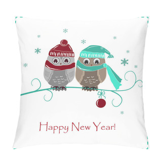 Personality  Cute Winter Card. Two Baby Owls In Hats And Scarves Pillow Covers