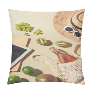 Personality  Top View Of Sunglasses, Hat, Digital Tablet And String Bag With Drink And Fruits  Pillow Covers