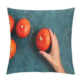 Personality  Cropped View Of Male Hand Near Ripe Orange Pumpkins On Blue Textured Tabletop, Thanksgiving Concept Pillow Covers