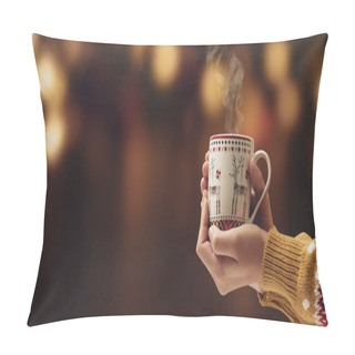 Personality  Woman Having A Delicious Hot Chocolate In A Christmas Cup And Christmas Lights In The Background Pillow Covers