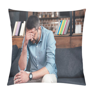 Personality  Depressed Man With Hand On Forehead Sitting On Sofa In Psychiatrist Office Pillow Covers