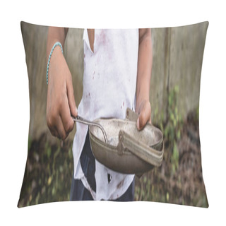 Personality  Panoramic Orientation Of African American Boy In Dirty Clothes Holding Metal Plate And Spoon On Urban Street  Pillow Covers