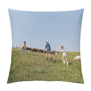Personality  Side View Of Family Herding Sheep In Green Pasture On Farmland Pillow Covers