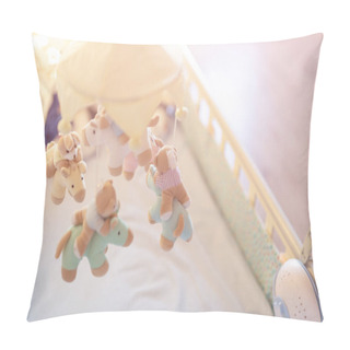 Personality  Close-up Baby Crib With Musical Animal Mobile At Nursery Room. Hanged Developing Toy With Plush Fluffy Animals. Happy Parenting And Childhood, Expectation Delivery Of A Child Concept Pillow Covers