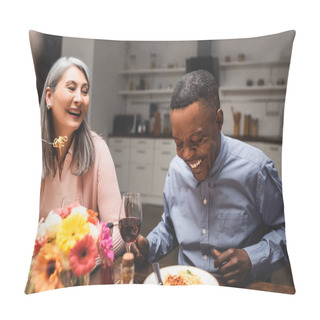 Personality  African American Man And Asain Woman Smiling During Dinner  Pillow Covers