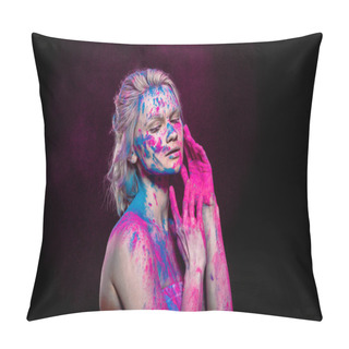Personality  Tender Girl Posing In Pink And Blue Holi Powder, Isolated On Black Pillow Covers